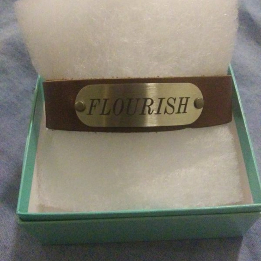 Handmade Flourish Personalized bracelet Tan Faux Leather Band Silver Plate,Snaps